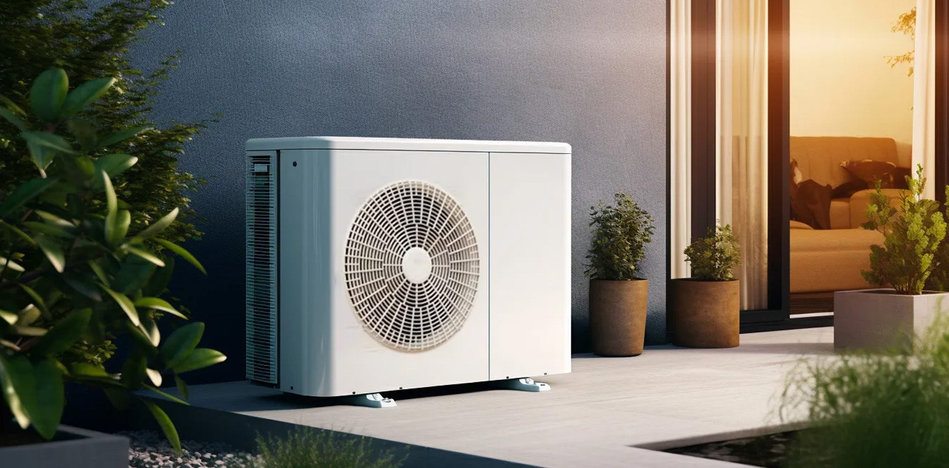 A heat pump outdoor unit beside a warmly lit home at dusk